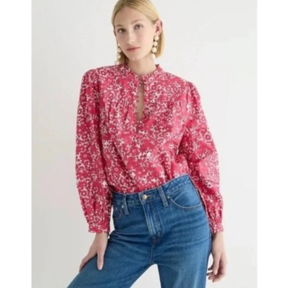J.Crew Womens Button-Front Ruffle Neck Popover‎ Blouse Size XS Pink